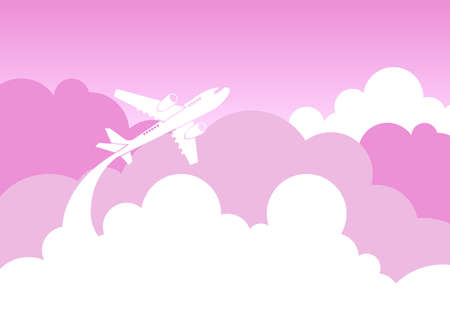 Silhouette Plane Fly Over Pink Clouds And Sky Love Background Flat Vector Illustrationのイラスト素材