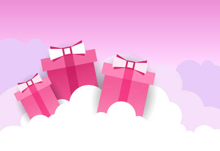 White Clouds With Present Boxes Over Pink Sky Background Flat Vector Illustrationのイラスト素材