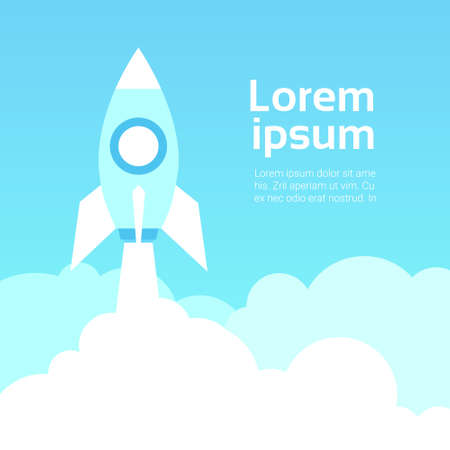 Space Rocket In Sky Over Blue Clouds Template Background Flat Vector Illustrationのイラスト素材
