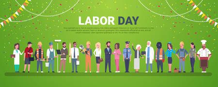 Labor Day Decoration Poster With People Of Different Occupations Over Template Background Flat Vector Illustrationのイラスト素材