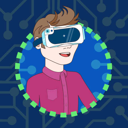 Young Man Wearing 3d Virtual Reality Glasses Profile Icon Avatar Flat Vector Illustrationの写真素材