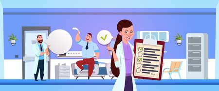 Hospital Ward With Female Nurse Holding Clapboard Over Doctor Examine Patient Flat Vector Illustrationのイラスト素材