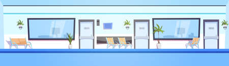 Hospital Hall Empty Clinic Interior Waiting Room Horizontal Banner Flat Vector Illustrationのイラスト素材