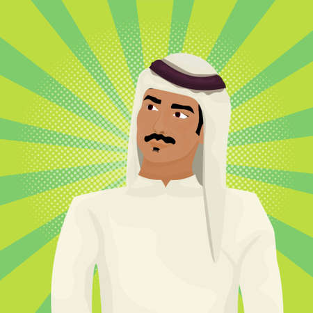 Arab Business Man In Traditional Clothes Looking Up Over Retro Comic Background Vector Illustrationのイラスト素材