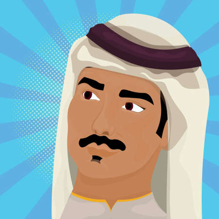 Portrait Of Arab Man In Traditional Clothes Looking Up Over Retro Comic Background Vector Illustrationのイラスト素材