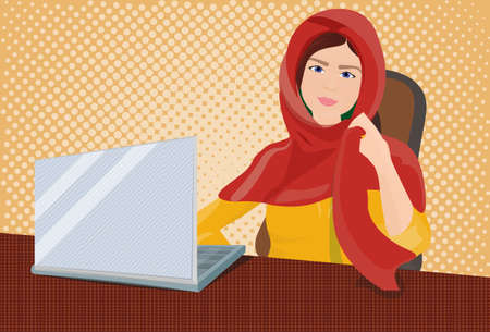 Arab Business Woman In Traditional Clothes Working At Laptop Computer Over Retro Comic Background Vector Illustrationのイラスト素材
