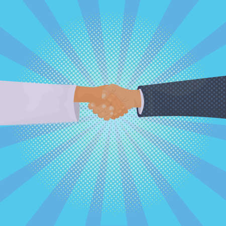 Hand Shake Over Comic Retro Background Business Handshake And Agreement Concept Vector Illustrationのイラスト素材