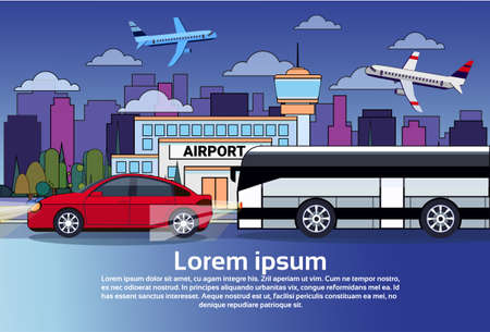Night Road Traffic With Bus And Car Over City Buildings And Airplanes In Dark Sky Flat Vector Illustrationのイラスト素材