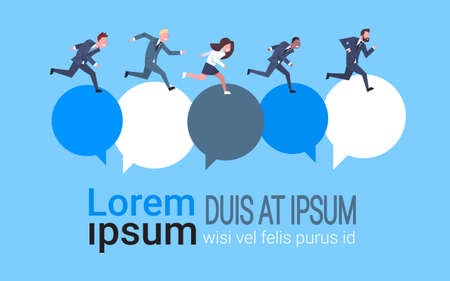 Team of business people running at chat bubbles over background with copy space communication concept flat vector illustration.のイラスト素材