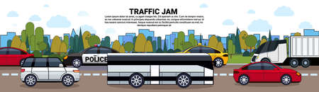 Traffic Jam Poster With Cars And Bus On Road Over City Buildings Background Flat Vector Illustrationのイラスト素材