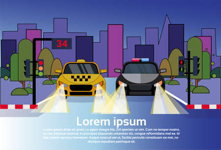 Road Traffic With Police Vehicle And Taxi Car At Night Over City Buildings Background Flat Vector Illustrationのイラスト素材