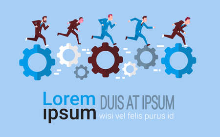 Team Of Business People Running On Cogwheels Over Background With Copy Space Creative Brainstorming Process Concept Flat Vector Illustrationのイラスト素材