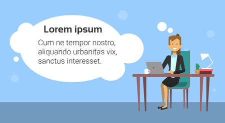 Business Woman In Official Suit Sit At Office Desk Working On Laptop Computer Flat Vector Illustrationのイラスト素材