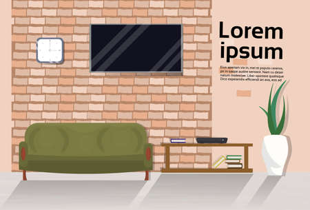 Modern Loft Living Room Interior With Couch, Tv Set On Wall Over Background With Copy Space Vector Illustrationのイラスト素材