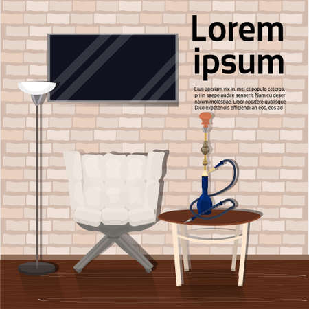 Hookah Lounge With Shisha, Table, Armchair On Tv Set On Wall Over Background With Copy Space Tabacco...