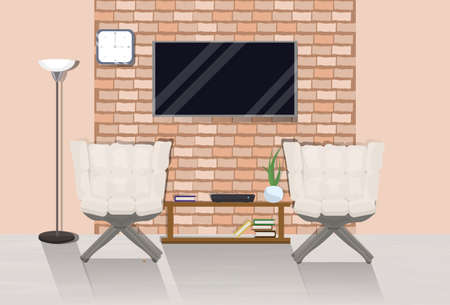 Modern loft room interior with two cozy armchairs, TV set on wall over background with copy space vector illustration.のイラスト素材