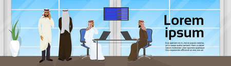 Modern Office With Successful Ara Business People Working Horizontal Banner Vector Illustrationのイラスト素材