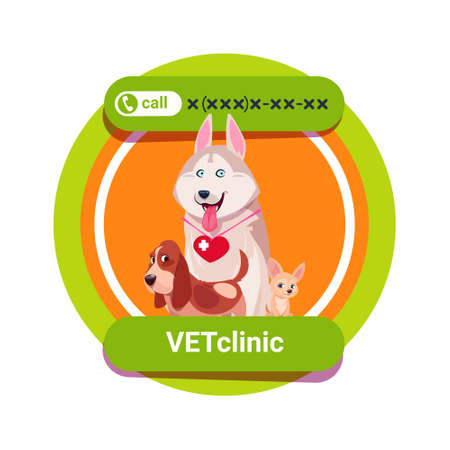 Vet clinic icon with group of happy dogs isolated veterinary medicine concept flat vector illustration.のイラスト素材