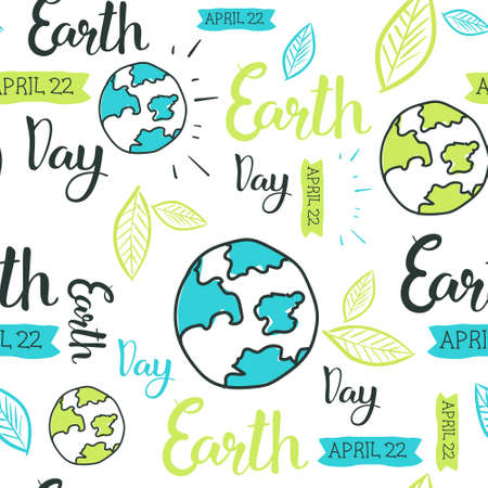 Happy Earth Day Seamless Pattern With Hand Drawing Lettering Creative 22 April Eco Event Background Vector Illustrationのイラスト素材