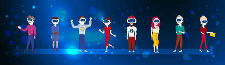 Set Of Young People Wearing 3d Virtual Reality Glasses Over Abstract Futuristic Background