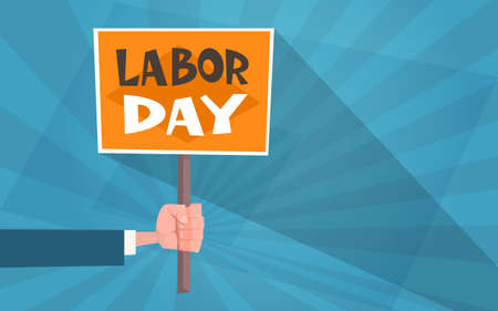International Labor Day Poster In Vintage Style Greeting Card With Hand Holding Banner Flat Vector Illustrationの写真素材