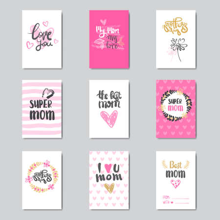 Set of Motherâs Day Greeting Cards With Beautiful Hand Drawn Lettering Vector Illustrationのイラスト素材