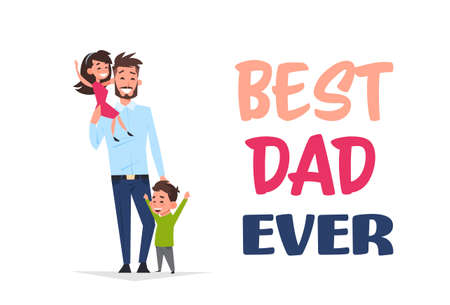 happy father day family holiday, man dad hold daughter and son greeting card flat vector illustrationのイラスト素材