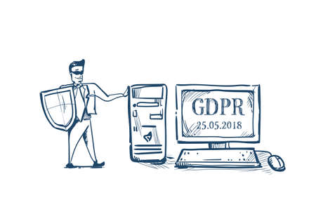 man in business suit shield security and protection of personal data on computer General Data Protection Regulation GDPR concept hand drawing vector illustrationのイラスト素材