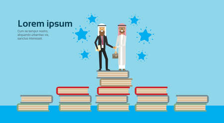 arabic businessman shaking hands in business and traditional clothes on books stack, full length business agreement and partnership concept over blue background vector illustrationのイラスト素材