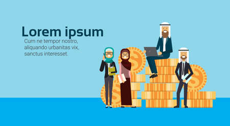 arabic businessman sit with laptop on money stack with business team, successful arab business group accumulation of wealth growing financial success teamwork concept copy space flat vector illustrationのイラスト素材