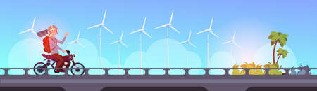 man tourist riding scooter or motorcycle with backpack over inter city landscape wind turbine energy renewable, clean energy concept flat vector illustrationのイラスト素材