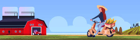 woman riding scooter or motorcycle with corn in box over village landscape countryside, eco farm tractor concept flat vector illustrationのイラスト素材