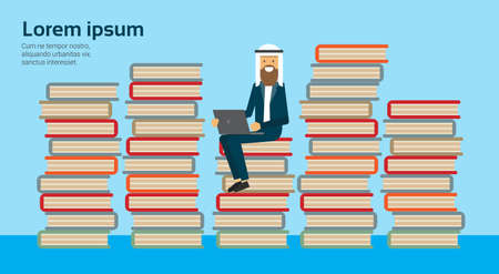 arabic businessman sit with laptop on books stack on blue background, muslim man study copy space, flat vector illustrationのイラスト素材