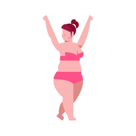 bikini thick woman hands up black swimsuit on white background body shape concept flat style vector illustrationのイラスト素材