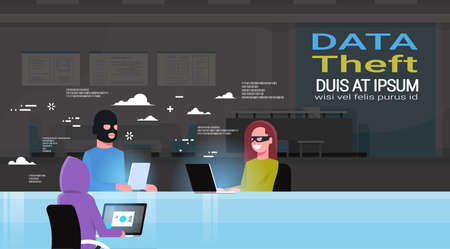 Hackers Group Wearing Black Masks Sitting At Gadgets Viruses Data Privacy Attack Internet Information Security Hacker Activity Concept Flat Vector illustrationのイラスト素材