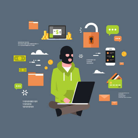 Man Black Mask Sitting At Computer Hacker Activity Concept Viruses Data Privacy Attack Internet Information Security Flat Vector illustrationのイラスト素材