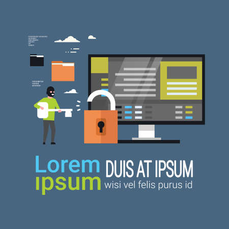 Hacker Crack Padlock Hold Key In Hands Hacking Private Database Monitor Cyber Security Concept Flat Vector Illustrationのイラスト素材