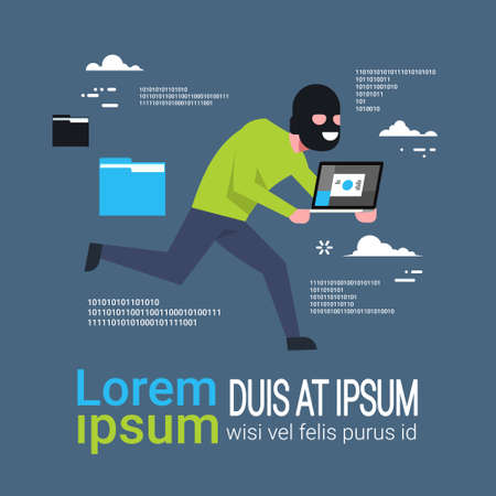 Man In Black Mask Tapped Laptop Run Away Hacker Theft Private Information Flat Vector illustrationのイラスト素材