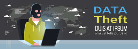 Man Black Mask Sitting At Computer Hacker Activity Concept Viruses Data Privacy Attack Internet Information Security Flat Background Vector Illustratorのイラスト素材