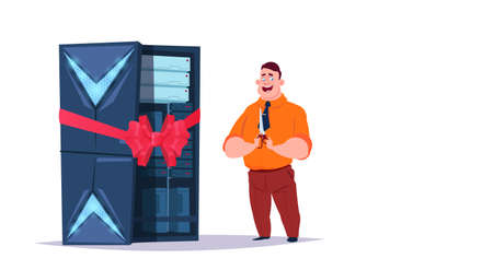 Data storage open center with hosting servers and staff. Full construction computer technology, network and database, internet center, communication support, flat designのイラスト素材