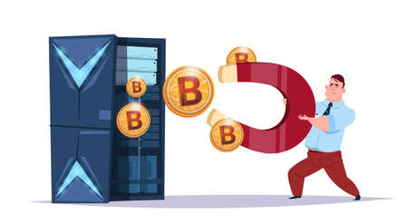 Data storage bitcoin center with hosting servers and staff. Computer mining communication support, crypto currency concept flat design vector illustrationのイラスト素材