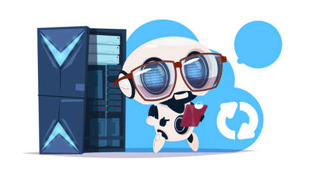 Data storage artificial intelligence center with hosting servers and staff. Computer robot communication support, cybermind concept flat design vector illustrationのイラスト素材