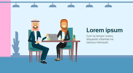 arab businesspeople talking working interview communication sitting at office desk banner with copy space flat vector illustrationのイラスト素材