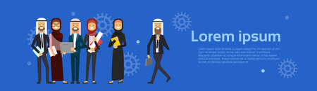 arabic people group wearing traditional clothes full length arab business man woman, muslim male female banner copy space flat vector illustrationのイラスト素材