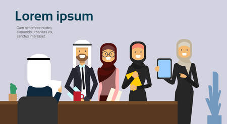 recruitment hold an interview letter choice business person candidate from arab people group stand behind the chair copy space flat vector illustrationのイラスト素材