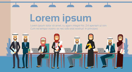 arab business people group meeting together sit at office desk , muslim businesspeople team training brainstorming banner with copy space flat Vector Illustrationのイラスト素材