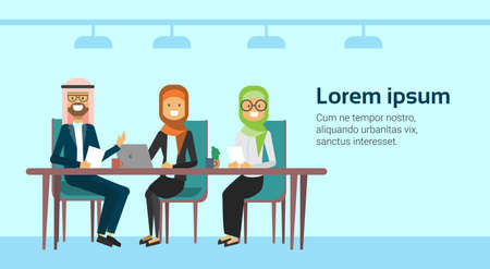 arab businesspeople talking working consultation muslim workers meeting or interview sitting at office desk banner with copy space flat vector illustrationのイラスト素材
