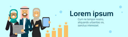 arabic businesspeople hold laptop successful arab businessgroup accumulation of wealth growing financial success teamwork concept copy space flat vector illustrationのイラスト素材