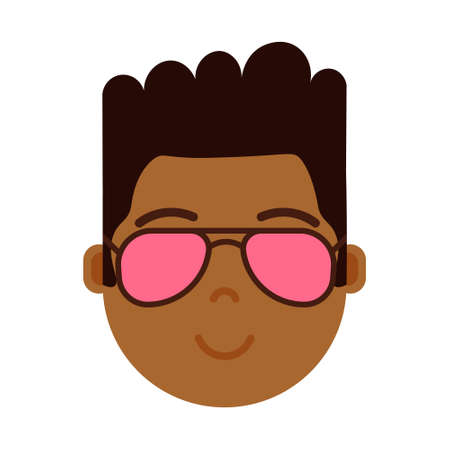 african boy head emoji personage icon with facial emotions, avatar character, man in glasses face with different male emotions concept. flat design. vector illustratorのイラスト素材