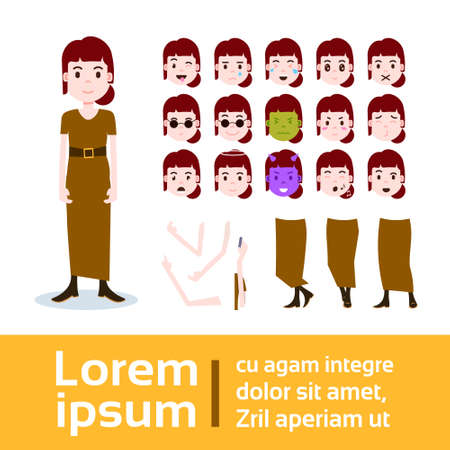 girl character constructor set of various female emotion faces, hands, legs body parts template for design work and animation full length flat person design vector illustrationのイラスト素材